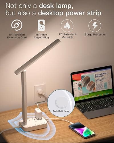 Addtam LED Desk Lamp, Power Strip with 3 Outlets 4 USB Charging Ports(2 USBC), 4 Modes 5 Level Brightness Touch Lamp, Small Desk Lamp for Home Office College Dorm Room Essentials, White - White - 5 FT thumbnail 6