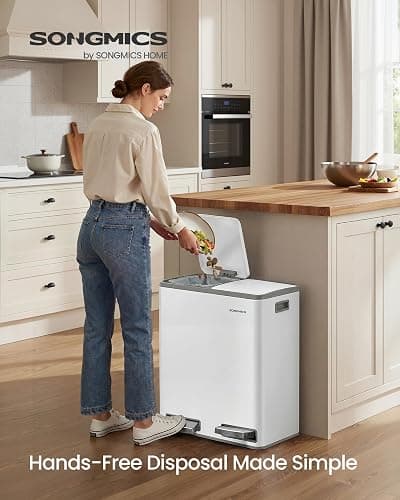 SONGMICS Trash Can, Double Compartment Garbage Can, Stainless Steel | 2 X 8 Gallon (2 x 30 L) for Recycling, with 15 Liner Bags, Soft-Close Lids, Removable Buckets, White ULTB160WZ01 thumbnail 2
