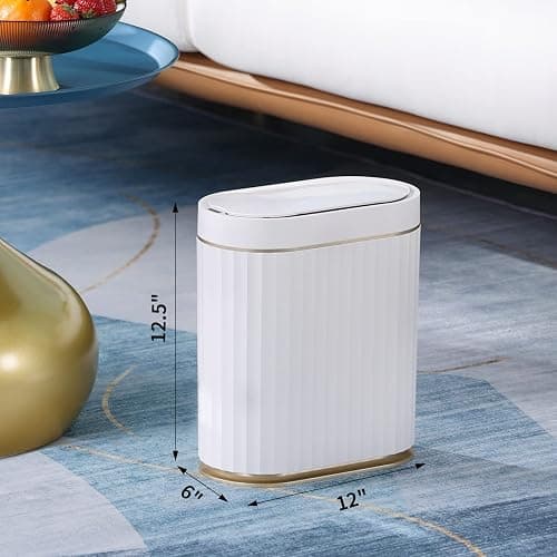 ELPHECO Automatic Motion Sensor Trash Can - 2 Gallon Slimline for Bathroom, Bedroom, Kitchen, Office - White with Gold Trim thumbnail 3
