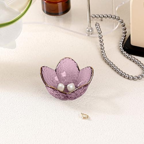 Purple Flower Jewelry Dish Glass Ring Holder Dish Jewelry Tray Cute Vanity Organizer Aesthetic Nightstand Bathroom Room Decor Trinket Dish Valentine's Friendship Christmas Birthday Gifts for Women thumbnail 8