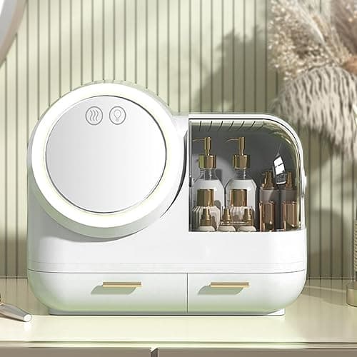 HURRISE Mirror Fan Makeup Case,Portable Makeup Organizer with Mirror and LED Light,Cosmetic Storage Display Case, Large Capacity Mirror Makeup Storage Box for Women (White) thumbnail 7