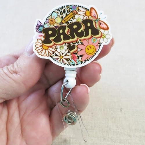 PARA Badge Reel, Retro Teaching Assistant Badge Holder, Paraprofessional Gift, Retractable Smiley Floral Badge Reel for Teachers and Classroom Staff, PARA Appreciation Gift thumbnail 3