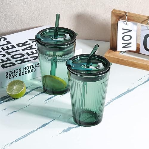 Joeyan Glass Tumbler with Straw and Lid,Green Glasses Water Cup with Straw,Colored Glass Drinking Jars for Juice Beverages Iced Coffee Tea Smoothie Soda Milk,15 oz,Set of 2,Dishwasher Safe thumbnail 2