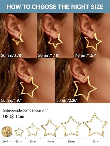 PROSTEEL Star Hoop Earrings for Women, 20mm/30mm/40mm/50mm/60mm, Small/Big Star Hoops, Non Tarnish Brass with14K Gold/Black Plated, Hypoallergenic, Jewelry Gift for Her thumbnail 5