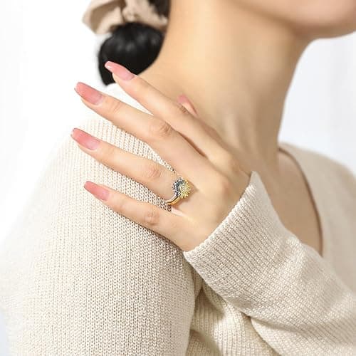 UNE DOUCE Celestial Sun and Moon Ring Set, Sparkling Sun Ring/Blue Moon Ring with 14k Gold/Silver Plating, Friendship Promise Ring, Stackable Celestial Rings, Gift for Women thumbnail 5