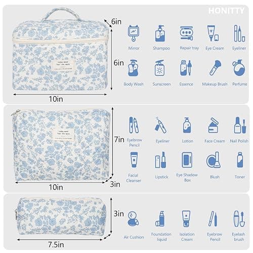 Makeup Bag,Quilted Cosmetic Bag,Large Floral Make Up Bag for Women,Cotton Makeup Bag Set,Flower Travel Toiletry Bag thumbnail 2