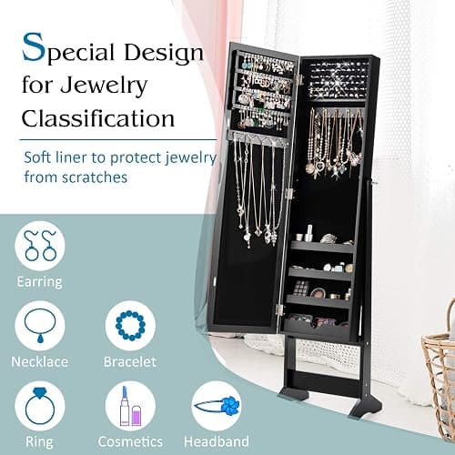 Giantex Jewelry Cabinet with Full-Length Mirror, Standing Jewelry Armoire Organizer with 64 Earring Slots, 72 Ring Slots, 20 Necklace Hooks, 4 Storage Shelves, 3 Angle Adjustable (Black) thumbnail 6