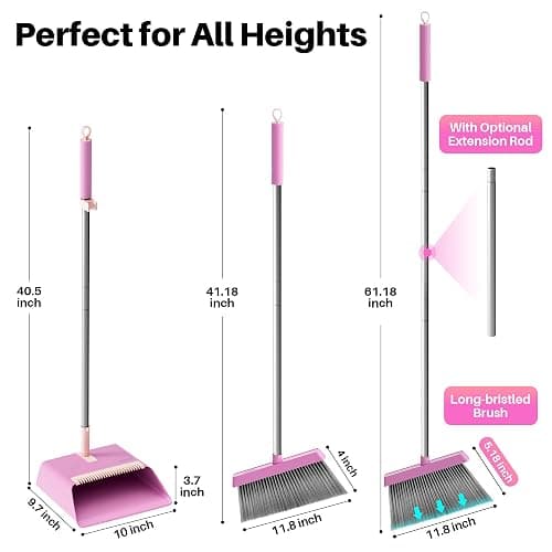 JOYMOOP Pink Broom with Dustpan Combo Set, Upright Stand Up Broom with Built-in Comb Teeth, Angle Broom for Home Kitchen Office Lobby, Pet Hair and Hardwood Floor Sweeping thumbnail 2