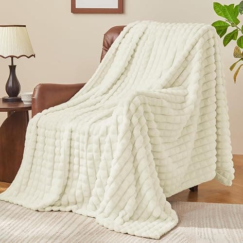 BEDELITE Cream Throw Blanket for Couch and Bed- Super Soft and Warm 3D Checkered Fluffy Fuzzy Fleece Blanket, Luxurious Plush Cozy Blanket for Room Decor Spring, 50x60 inches thumbnail 3