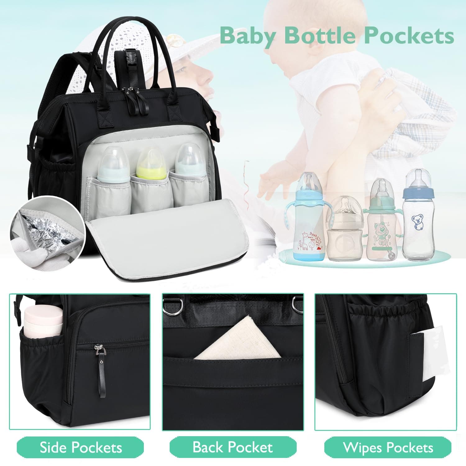 Bolsa de pañales convertible, mochila de pañales resistente al agua con bolsillos antirrobo y clips para carriola thumbnail 3