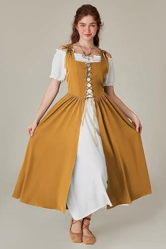SCARLET DARKNESS Renaissance Costume Women Peasant Medieval Dress Short Sleeve Maxi Fairy Dresses with Pockets thumbnail 2