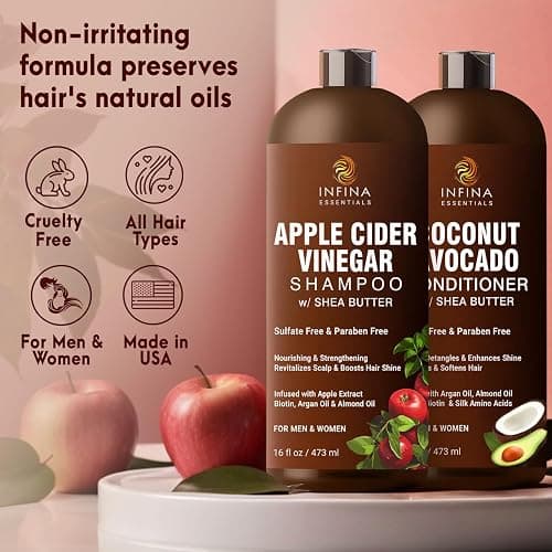 Apple Cider Vinegar Shampoo and Conditioner Set Sulfate Free for Men & Women - Itchy Scalp Shampoo w/Moisturizing Coconut Avocado Conditioner - Loc Shampoo and Conditioner for Dreads, 16 fl oz each thumbnail 3