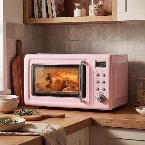 ARLIME Retro Microwave 0.7Cu.ft, 700 Watt Countertop Microwave with 5 Micro Power Defrost & Auto Cooking Function, LED Display, Child Lock, Pink Small Microwave for Kitchen, RV, Dorm thumbnail 2