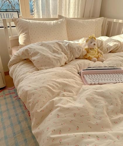 VM VOUGEMARKET Girl's Pink Flower Comforter Set Twin,Romantic Lace Bedding Comforter Soft Lightiweght Washed Microfiber Quilt Comforter Set for College Dorm thumbnail 7