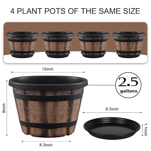 Quarut Plant Pots Set of 4 Pack 12 inch,Large Whiskey Barrel Planters with Drainage Holes & Saucer.Plastic Flower Pots Imitation Wine Barrel Design, for Indoor & Outdoor Garden Home Plants (Brown) thumbnail 3