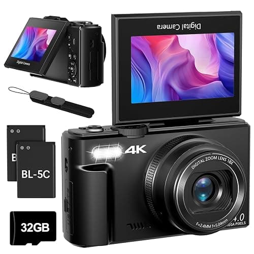 4K Digital Camera for Photography, 4K 64MP Vlogging Camera for YouTube with 3" 180° Flip Screen, Compact WiFi Camera with 18X Digital Zoom, 32GB Micro SD Card & 2 Batteries, Black - Image 1
