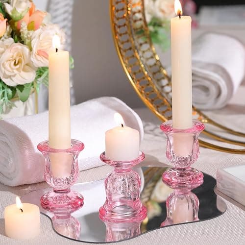 sunnyfuture 10pcs Pink Candlestick Holders, Glass Taper Candle Holders for Table Centerpiece Decor, Wedding, Birthday, Gift thumbnail 6