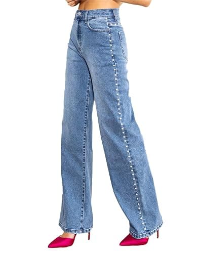 Kedera Women's High Waisted Jeans Stretchy Pearl Beaded Jeans Wide Leg Casual Denim Trousers Y2K Trendy Baggy Pants - Image 1