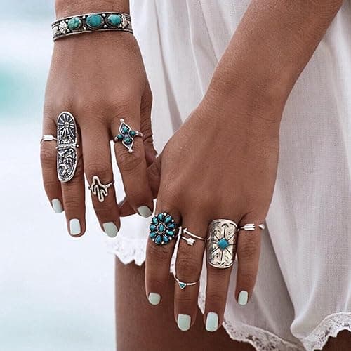 Fansilver Turquoise Jewelry for Women Bohemian Western Jewelry Set Navajo Pearl Necklace Beaded Choker Necklace Turquoise Earrings Bracelet Vintage Knuckle Rings Boho Western Jewelry for Women thumbnail 6