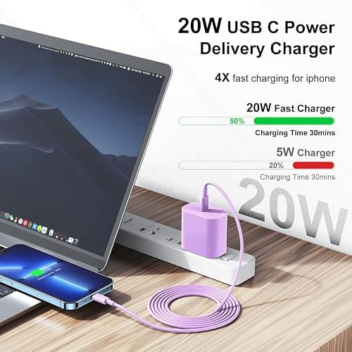 Fashia Fast Charger for iPhone Charger Fast Charging 10ft Lightning Cable,for iPhone 14 13 12 Pro Max Fast Charging with USB C Charger Block,USB C to Lightning Cord for iPhone 11 Pro Max-Purple thumbnail 2