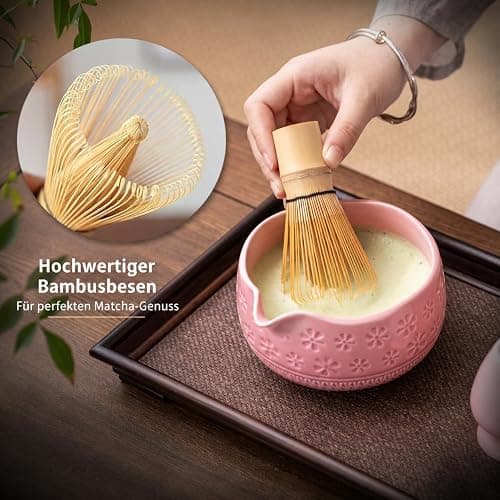 Buucup Matcha Whisk Set, Ceramic Matcha Kit with Bowl & Tools, Pink | 7-piece set includes ceramic bowl, bamboo whisk, scoop, holder, rest, sifter and tea towel for easy matcha making at home. thumbnail 5