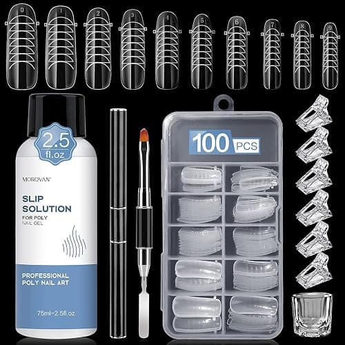 Morovan Nail Slip Solution Kit: 2.5 OZ Anti‑Stick Gel Liquid for PolyGel Nails with Dual‑Ended Brush & Nail Forms Ideal Easy Spread for Beginners - Image 1