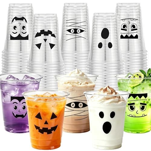 Lxdmnj 50 Pack Halloween Plastic Cups 12 Oz Disposable Halloween Party Cups Vampire Monster Ghost Pumpkin Party Cups for Party Supplies Coffee Wine Hot Cold Drinks - Image 1