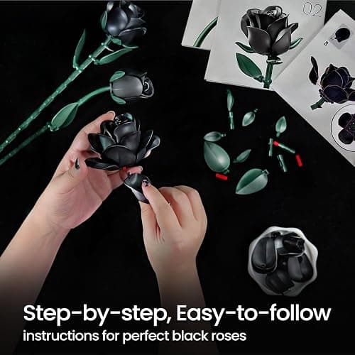 iATOM Black Roses Flower Building Set - 3Pack, Gift for Halloween Bouquet for Adults - Gothic Horror Retro Artificial Flowers Botanical Collection Home Decor - IA11009 thumbnail 7