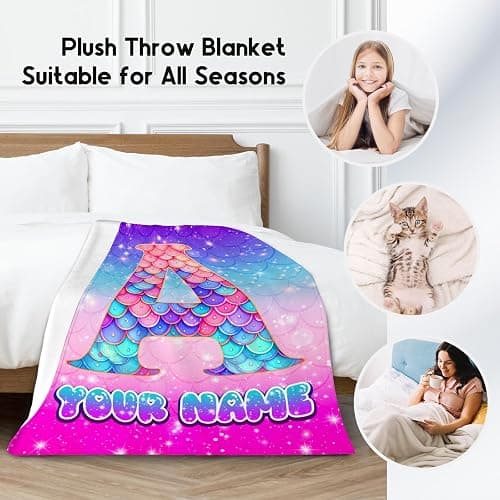 Blankets for Girls - Personalized Mermaid Blanket with Name - Soft Fuzzy Monogram Throw for Kids Adults - 4 Size Options thumbnail 4