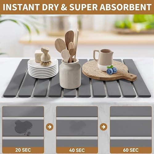 Stone Dish Drying Mats for Kitchen Counter,23.6''x15.3'' Foldable Quick Dry Stone Mat Kitchen,Eco-Friendly,Absorbent Diatomaceous Earth Mats for Dishes Bottles Cups Bathroom Any Countertop-Dark Gray thumbnail 4