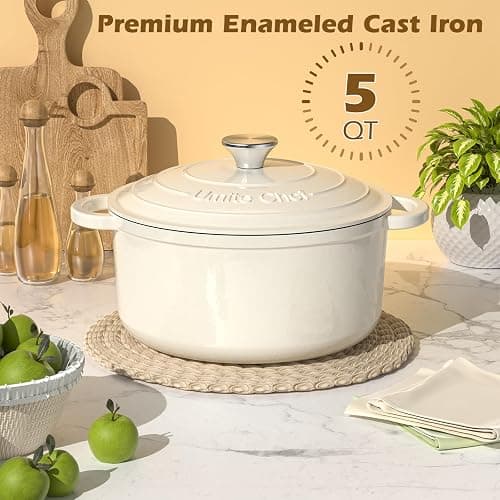 Enameled Cast Iron Dutch Oven - Umite Chef 5QT Pot with Lid & Cotton Potholders - Heavy-Duty Cookware for Bread Baking, Braising, Stews, Roasting(Cream White) thumbnail 4