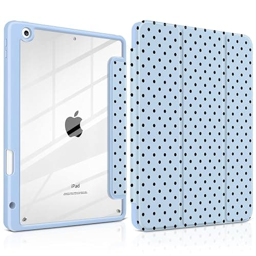 Yebiseven for iPad 9th 8th 7th Generation 10.2 Inch 2021 2020 2019 Case -[Built-in Pencil Holder], Shockproof Clear Hard Back, Slim Trifold Stand, Auto Wake/Sleep, for Girls teen Women, Blue polka dot - Image 1