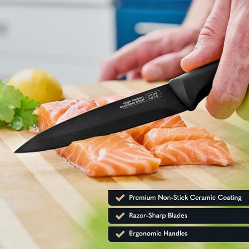 Home Hero Kitchen Knife Set with Sheath Covers - High Carbon Stainless Steel Kitchen Knives with Ergonomic Handles & Ceramic Coating, Nonstick Ceramic Knife Set with Chef Knife (12 Pcs - Black) thumbnail 5