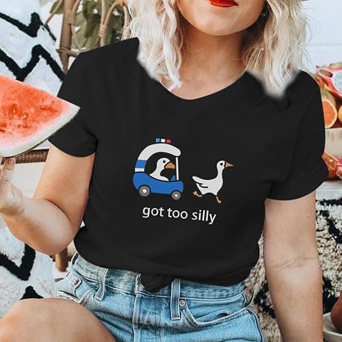 Migxsaf Got Too Silly Goose T Shirt Funny Cute Shirts for Women Ducks Car Printed Graphic Tees Short Sleeve Summer thumbnail 4