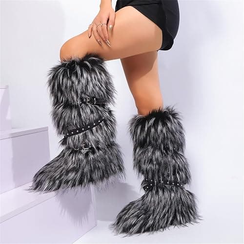 YFJNV Fur boots for women, Pink fuzzy boots with y2k style, Tall furry boot for winter, Comfortable shoes thumbnail 3