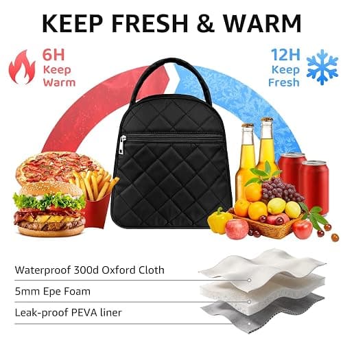 Paquesta Lunch Bag Women Stylish Quilted Lunch Boxes for Adult | Fit and Fresh Cooler Insulated Lunchbox for Work Large 11 Liters Cute Compact Lunchbag Waterproof Black thumbnail 4