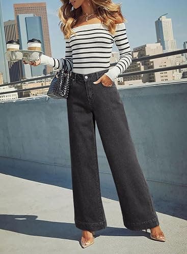 DOKOTOO Women's Casual High Waisted Jeans Stretch Button Wide Leg Loose Denim Pants with Pockets thumbnail 4
