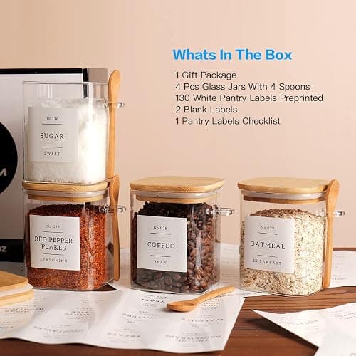 CZZGSM Set of 4 Square Glass Jar with Bamboo Lids and Spoons – Airtight 27 oz Borosilicate Glass Food Storage Contaienrs with 132 Kitchen Pantry Labels for Coffee, Tea, Sugar thumbnail 3