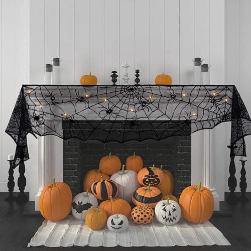 FUN LITTLE TOYS Halloween Decorations Indoor - Mantel with String Lights Lace Spiderweb Decor Inside for Home Party Supplies (18 x 96 inch) thumbnail 3