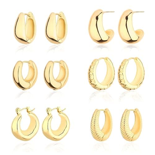 Wgoud 6 Pairs Chunky Gold Hoop Earrings for Women, 14K Gold Plated Hoop Earrings Hypoallergenic, Thick Lightweight Twisted Huggie Hoops Earring Set for Women’s Jewelry GIfts - Image 1