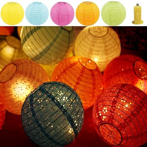 🪴Qlisytpps Paper Lanterns with LED Lights 10 Colours Chinese Japanese Lantern Oriental Style Traditional Asian Bedroom Paper Lamp for Home Wedding Party Decoration 8 Inch (5pcs) Free 2 Spare Lights - Image 1