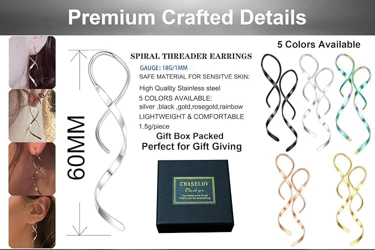 Spiral Threader Earrings, 18G Hypoallergenic 316L Stainless Steel Drop Dangle Handmade Twisted Linear Curved Dangling Minimal Earrings for Sensitive Ear with Gift Box thumbnail 3
