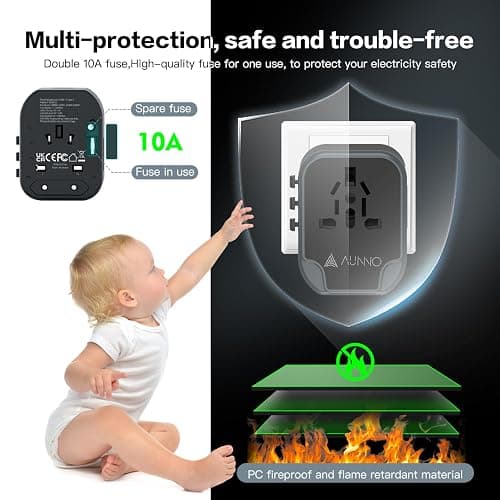 AUNNO Universal Travel Adapter, International Travel Plug Adapter with 2 USB-C and 2 USB Ports, All in One Plug Adaptor with Dual Safety Fuses, UK to European Plug Adaptor for EU USA Australia etc thumbnail 7