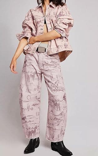 loveimgs Women Boyfriend Baggy Barrel Jeans Floral Print Denim Ankle Pants Wide Leg Mid Rise Jeans Sweatpants Y2k Patchwork thumbnail 2