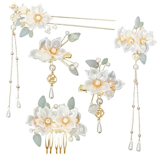 5 Pcs Camellia Flower Tassels Hairpins Set, Chinese Hanfu Crystal Rhinestone Pearl Hair Clips, Retro Wedding Brides Hair Accessories for Women - Image 1