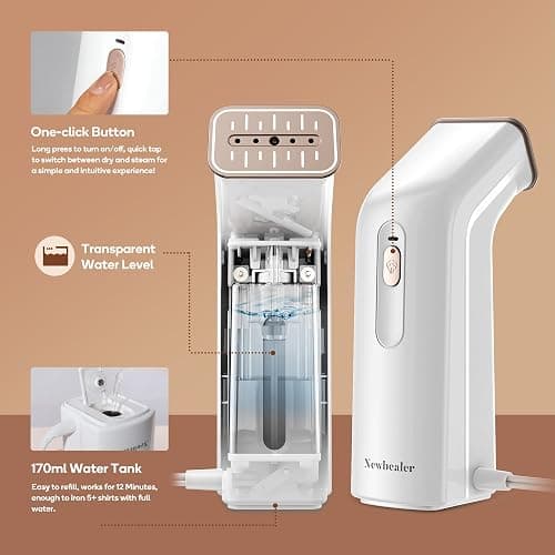 Newbealer 2in1 Steamer and Dry Iron for Beginners, Horizontal & Vertical Clothes Steamer, Non-Stick Ceramic Soleplate, 170ml Garment Wrinkle Remover, Auto-off, 1.2lbs (120V Only) thumbnail 7