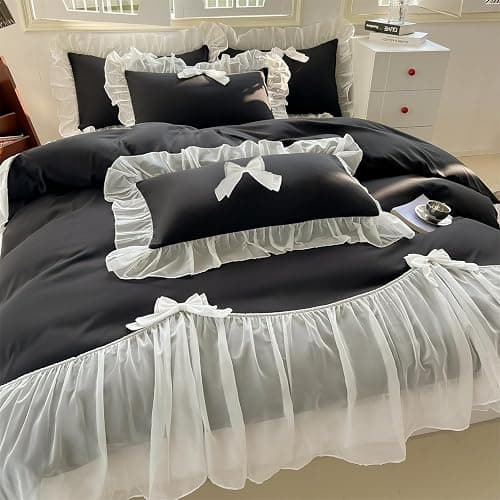 SOUKECHY Girls Lace Bedding,Queen Comforter Cover Set, Chic Ruffled Duvet Cover with Lovely Bow,Princess Style 1 Duvet Cover with 1 Pillowcases, No Comforter-Black,Twin Size thumbnail 8