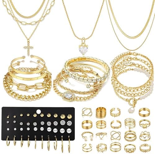 IFNODO 57pcs Gold Jewelry Set With 3 PCS Necklace, 12 PCS Bracelet,20pcs Hoop Stud Earrings,22pcs rings set For Women For Birthday Gifts - Image 1