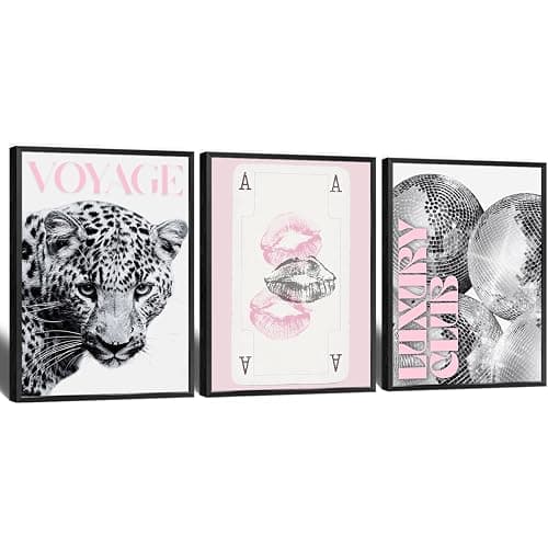 3pcs Pink Leopard Canvas Wall Art Trendy Disco Ball Luxury Club Poster Girly Preppy Ace Of Spades Cheetah Prints Painting For Living Room Bedroom Apartment Wall Decor 12x16in Framed - Image 1