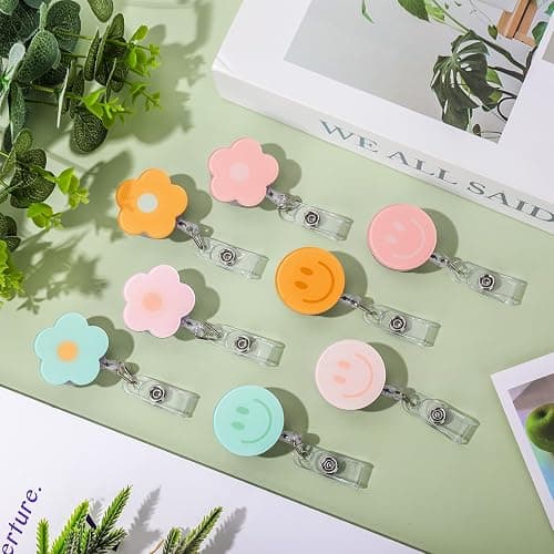 Whaline 8Pcs Preppy Flower Smile Face Badge Reel with Clips Retractable Cord Colorful Groovy ID Badge Reel Name Tag Badge Holder for Office Hospital Teachers Favor thumbnail 5